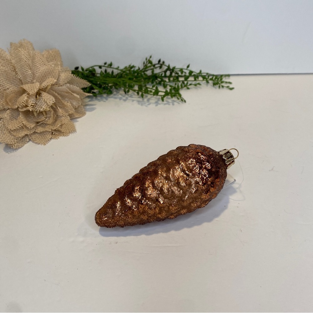Vintage Ameri Christmas Pinecone Orange Brown Glittery Glass Holiday Ornament